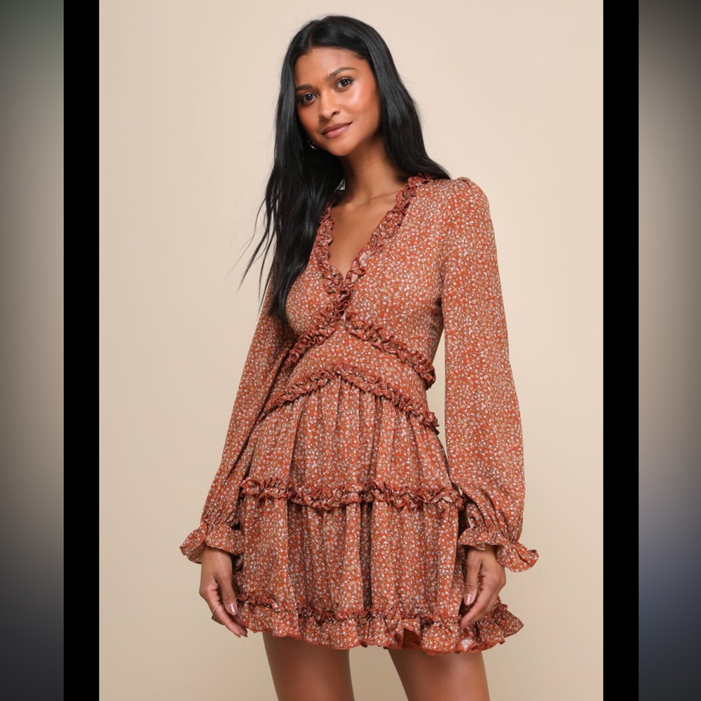 Lulus Admire You Orange Floral Print Ruffled Long Sleeve Mini Dress